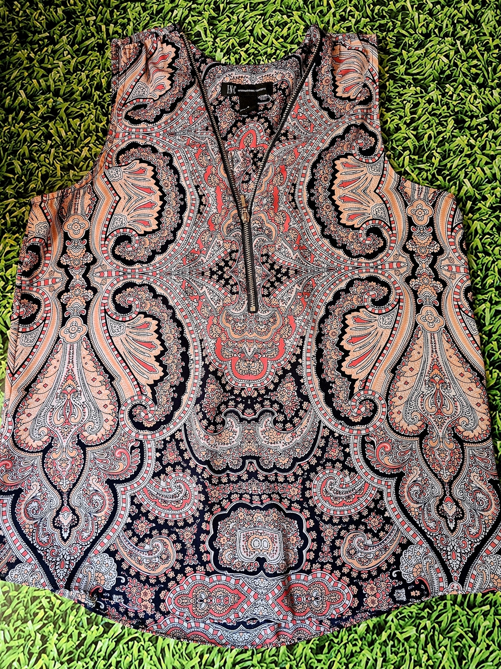 INC International Concepts Paisley Sleeveless Tank Top - Black, Red & Cream
